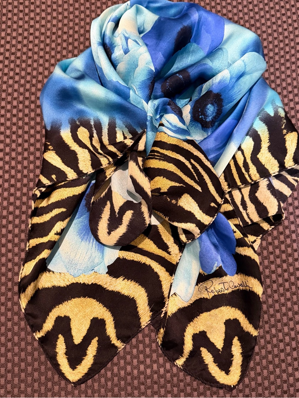 Roberto Cavalli Blue Floral and Zebra Print Silk Scarf